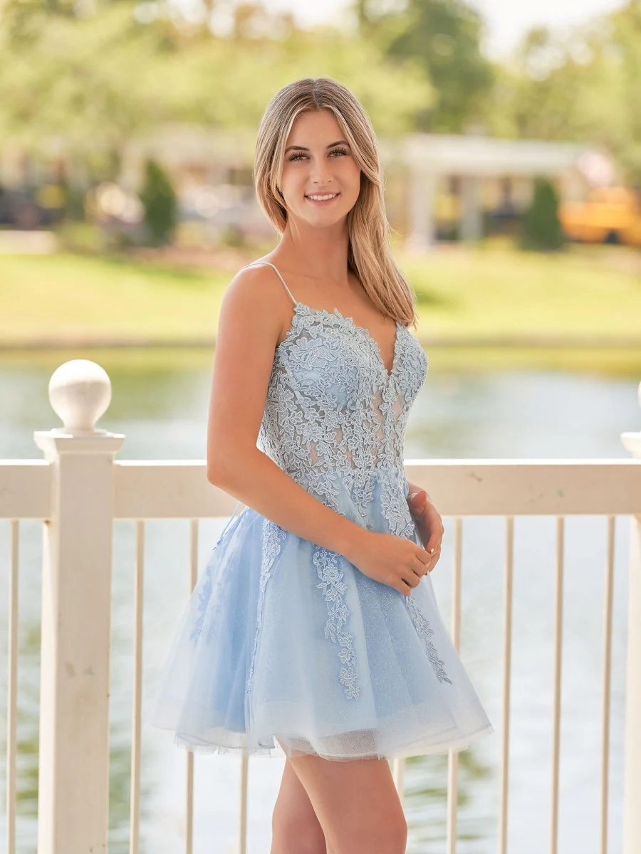 A-Line Spaghetti-Straps Sky Blue Lace Homecoming Dress With Appliques