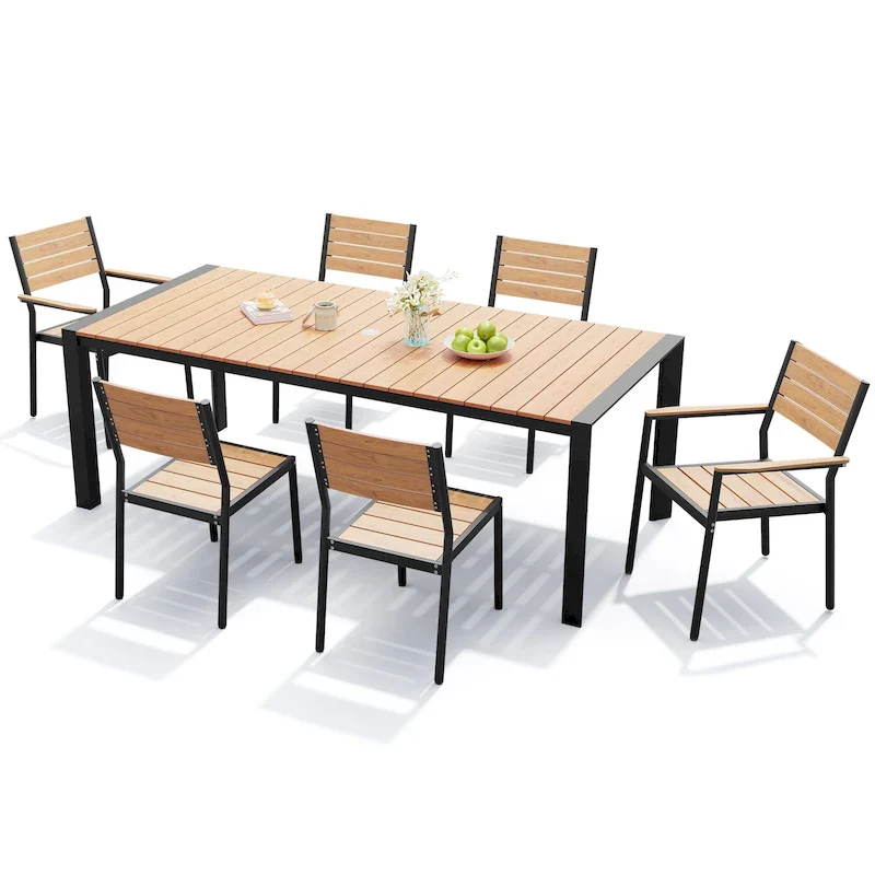 7-Piece Patio Dining Set Aluminum Dining Table with Umbrella Hole and Stackable Chairs