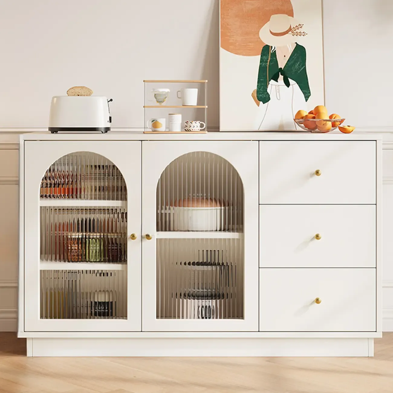 Elegant Adjustable Arched Glass Wood Buffet Cabinet with 3 Drawers