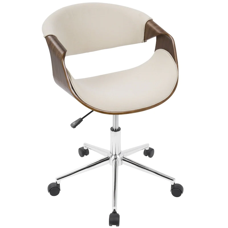Mid-Century Modern Office Chair, Curved Wood Back, Woven Fabric Seat, Chrome Caster Base, Height Adjustable, Cream / Teal / Orange, 1 Person
