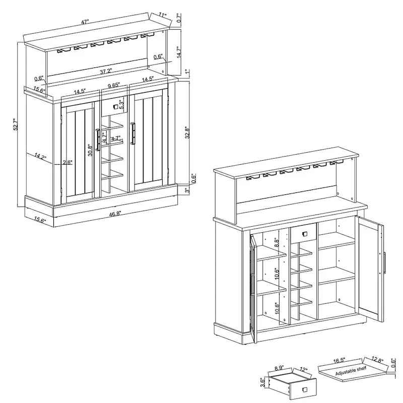 Buffet Bar Cabinet with Wine Rack - 10-Bottle Storage (Grey/White)