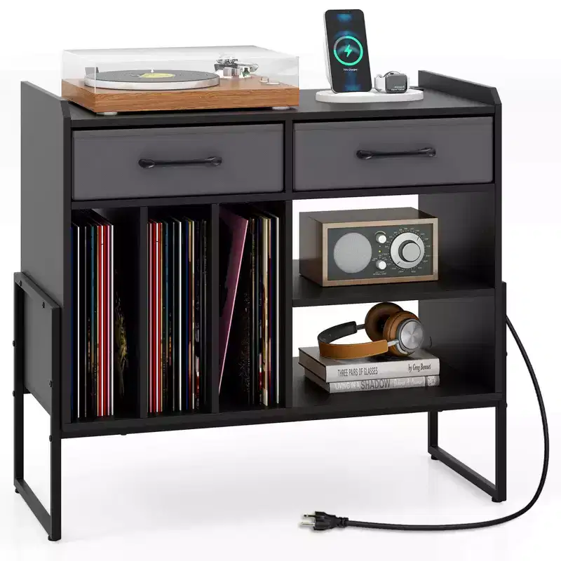 Costway Large Record Player Stand with Charging Station, 2 Fabric Drawers, Adjustable Shelf Rustic Brown & Gray/Black/White
