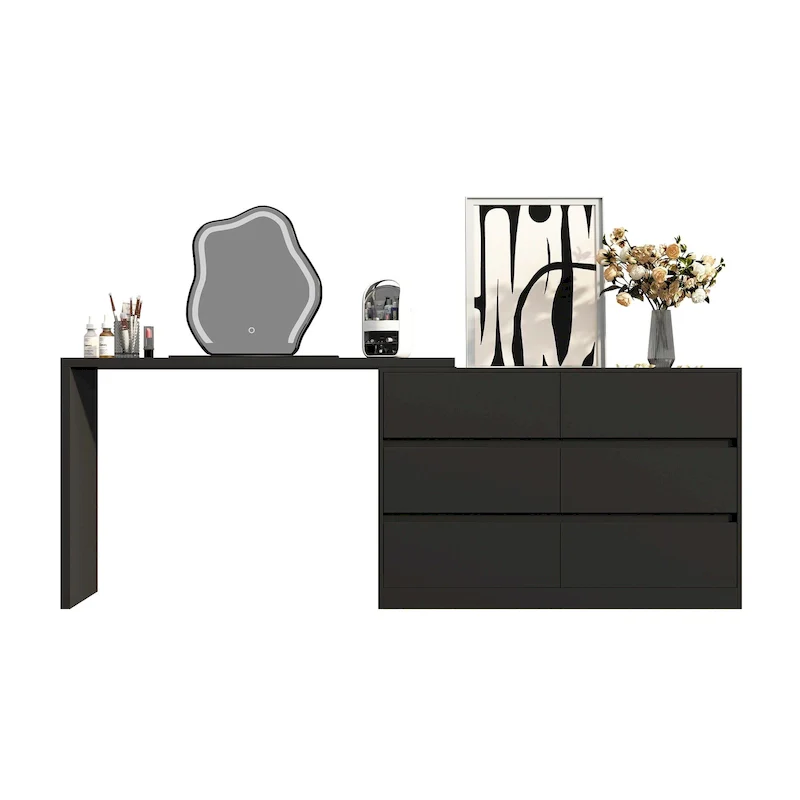 White/Black 6-Drawer Rotating Dresser & Desk Combo, 1-Person