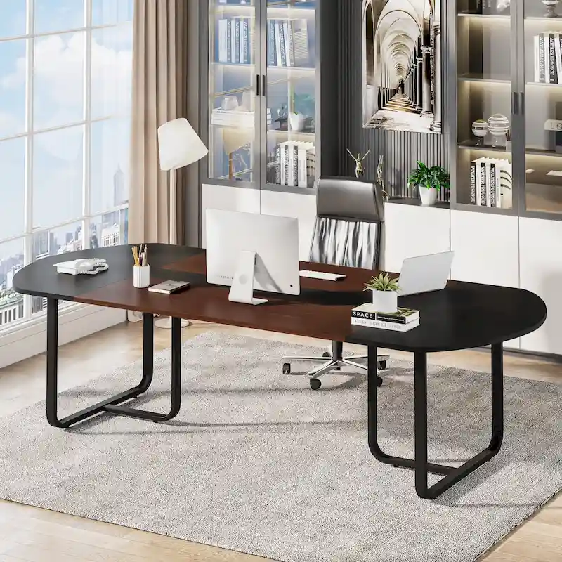 Walnut & Black / Natural & Black Modern Curved Desk, Single Person
