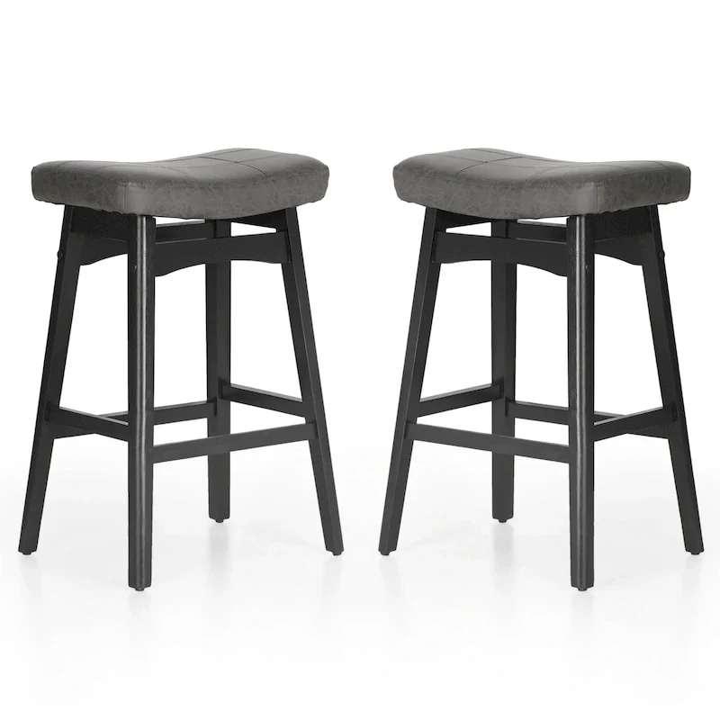 24 Inch Solid Wood Barstools with Linen / PU Leather Fabric Cushion, Set of 2
