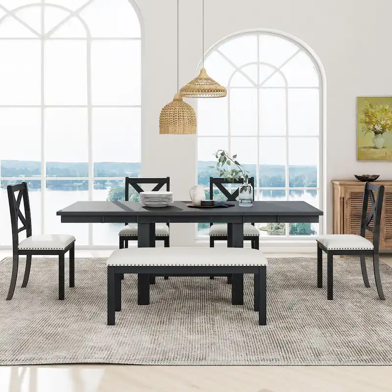 6-Piece Dining Table with Footrest, 4 Chairs and Dining Bench, Two 11 Removable Leaf