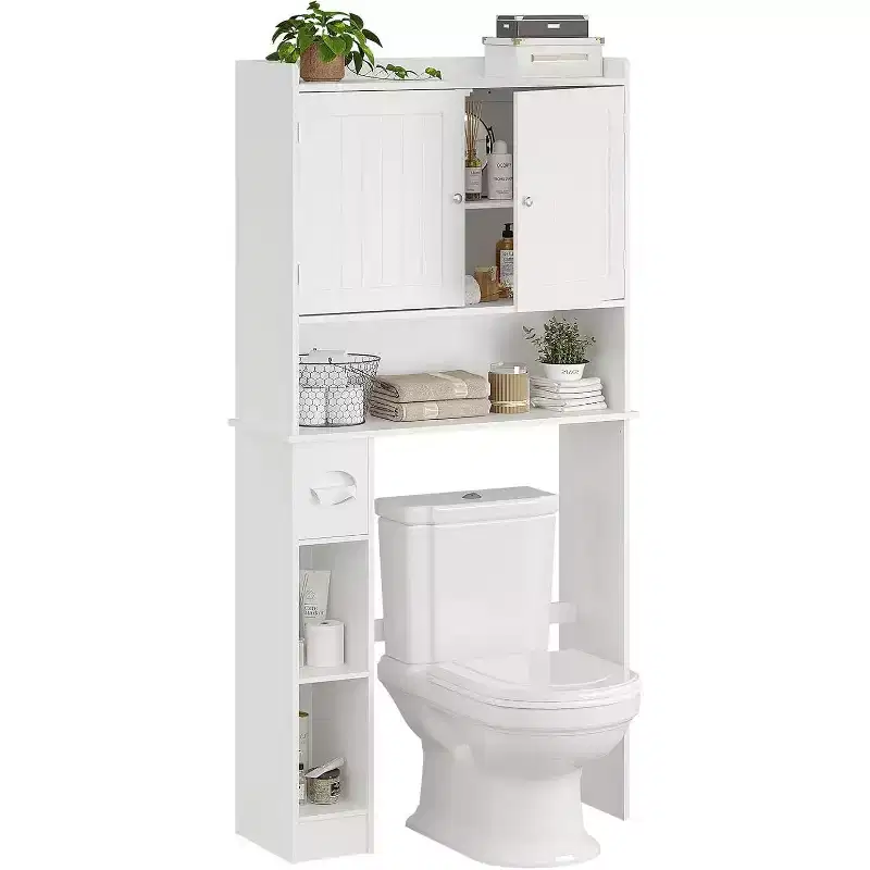 GustoWave Over The Toilet Storage Cabinet, Over Toilet Bathroom Organizer with Door & Toilet Paper Holder Stand, Space-Saving, White