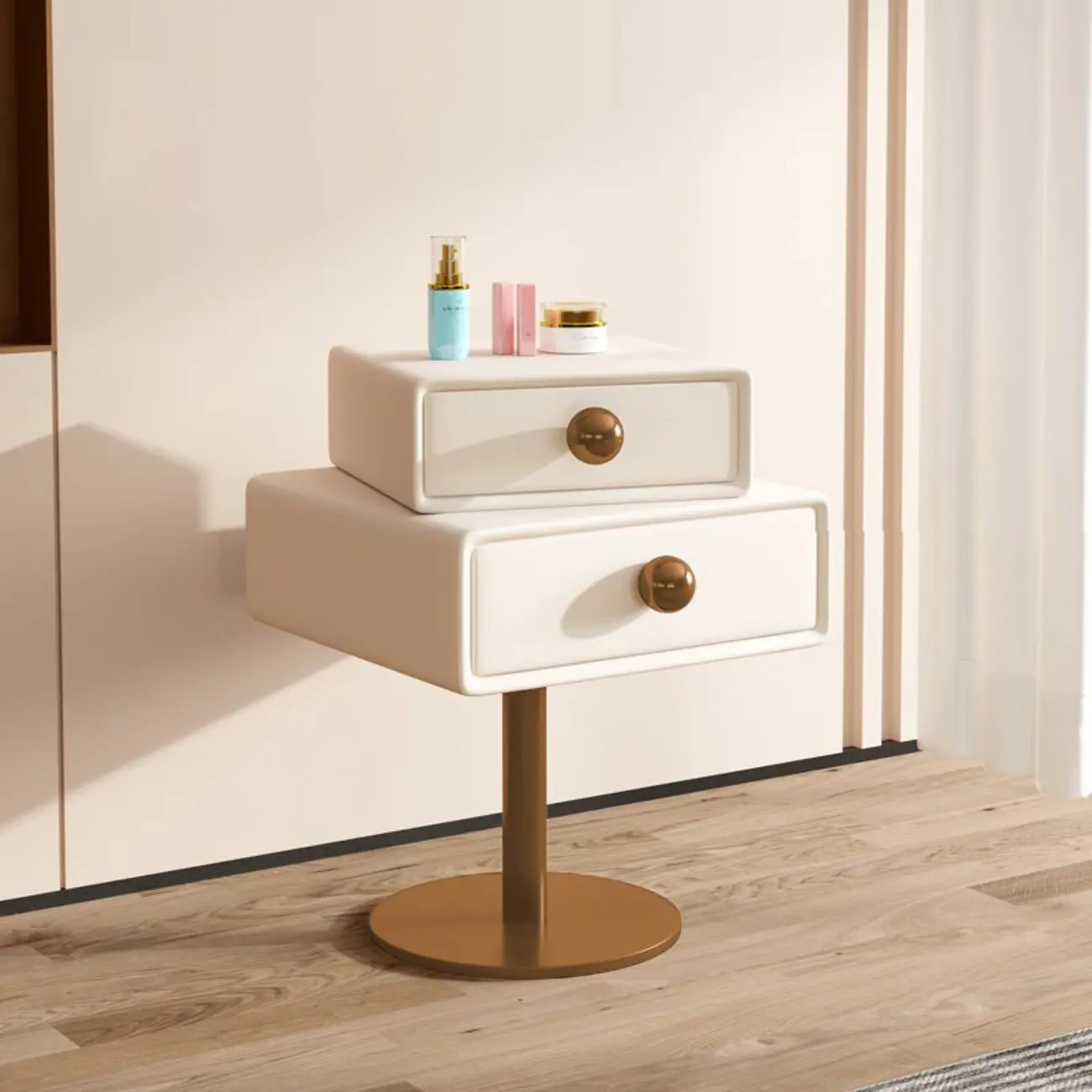 Modern Metal Faux Leather Swivel 2-Drawer Nightstand