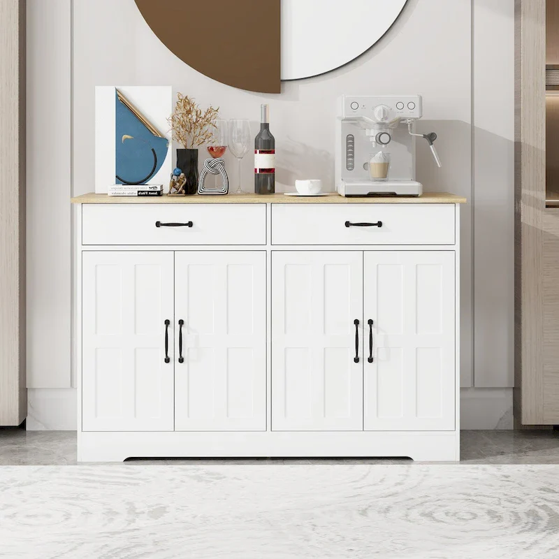 Brown / White Farmhouse Buffet Sideboard with 2 Drawers & 4 Doors