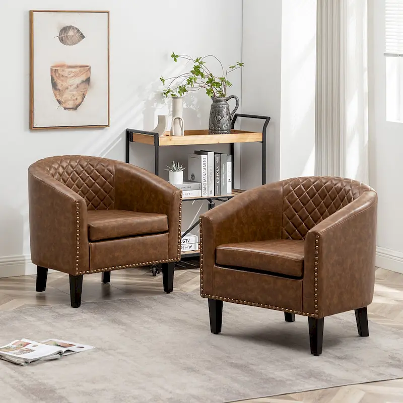 KINWELL 29  PU Faux Leather Club Armchair with Nailheads, Set of 2