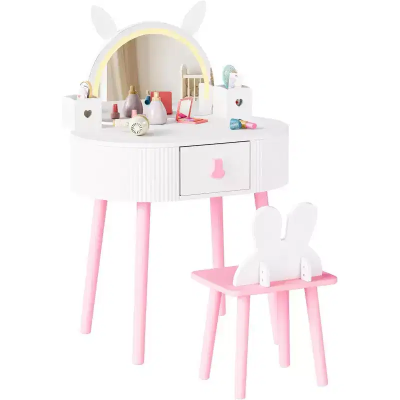 JOYMOR Kids Vanity with Touch Screen & 3-Color Lights, Adjustable Mirror, Table & Chair Set with Storage (White)