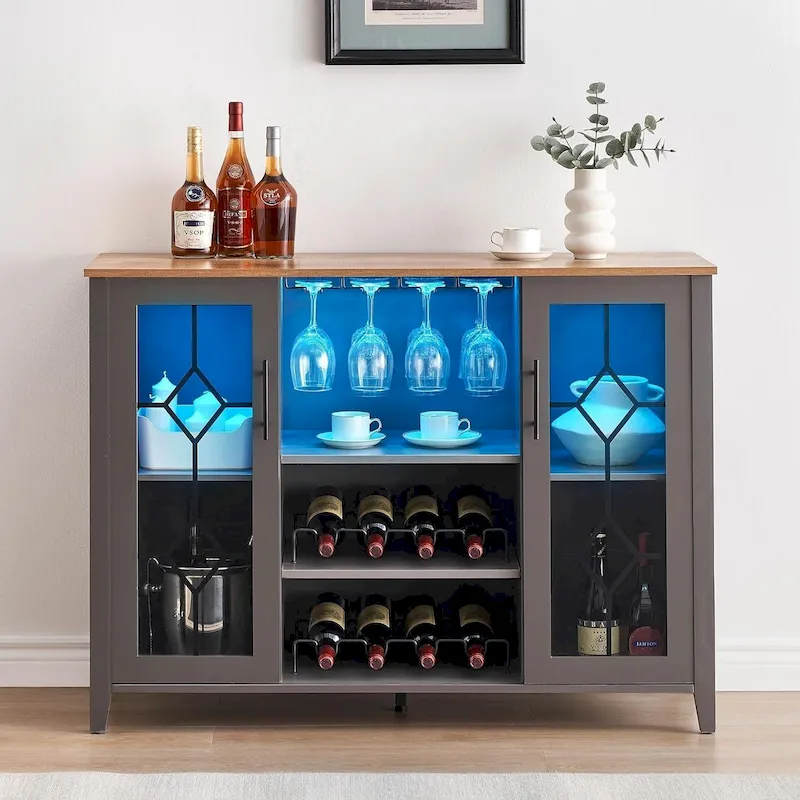 Wine Bar Cabinet with LED Lights and Glass Doors