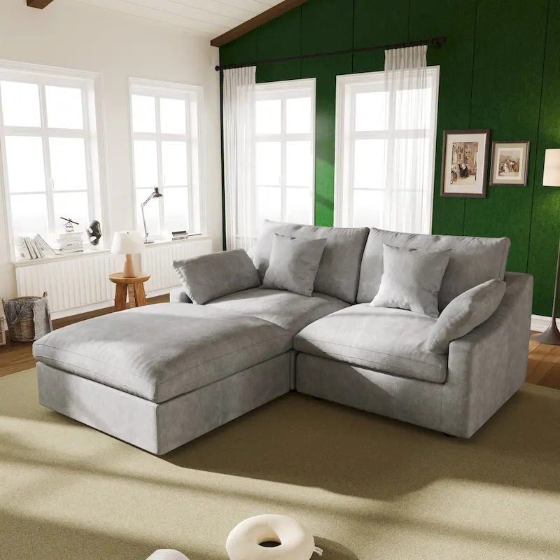 82.68   Down Filled Sectional Couch L-shape Linen Upholstered Loveseat with Ottoman