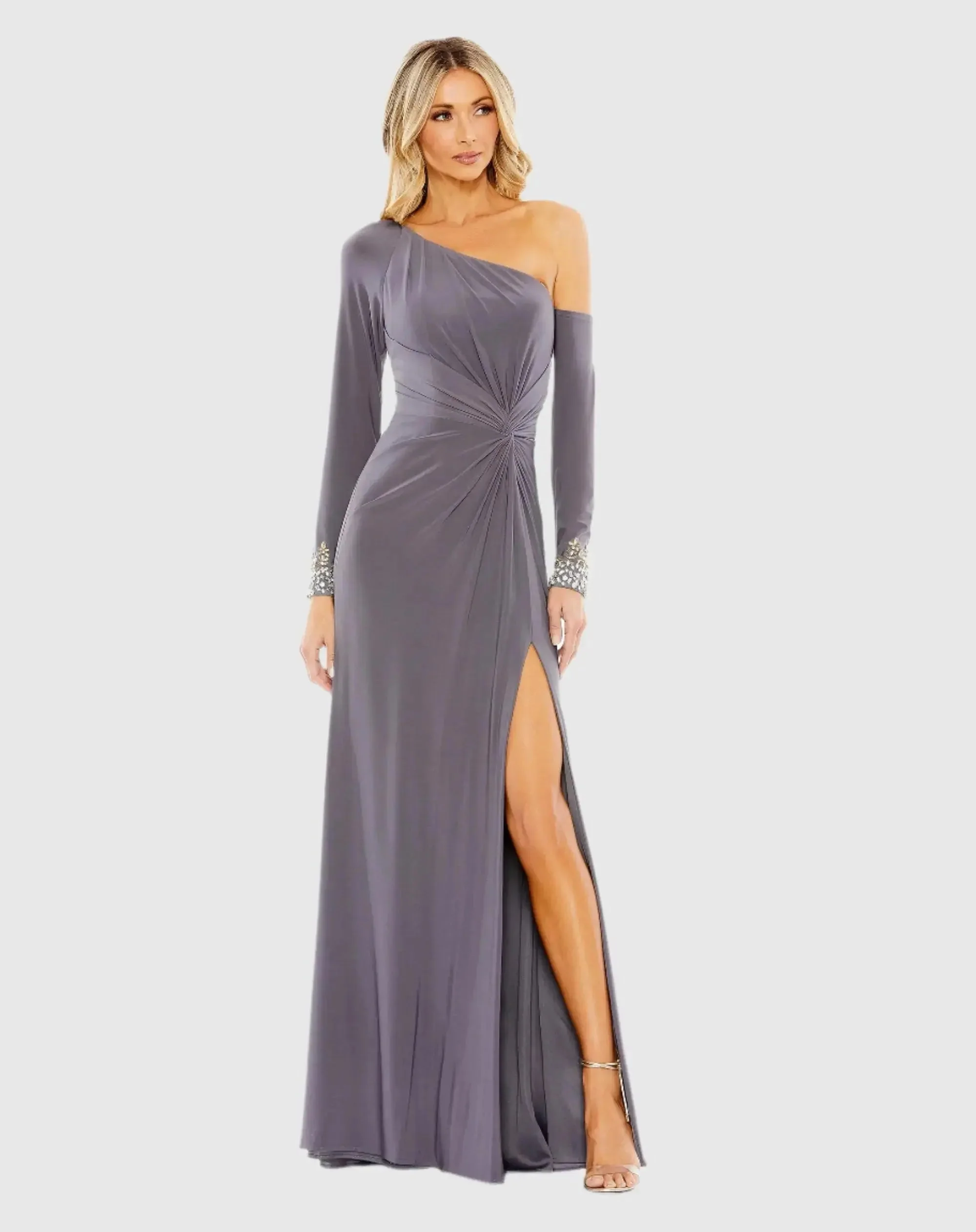 Gray Side Twist Drop Shoulder Beaded Cuff Gown