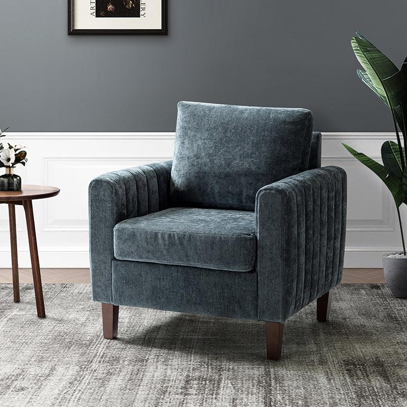Polyester Channel-Tufted Square Club Armchair with Foam Fill & Walnut Solid Wood Legs | Navy | Single Seat