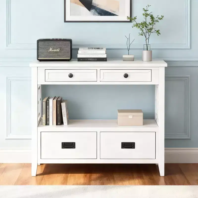 Hostack 36'' Farmhouse Wood Console Table with 4 Drawers and 1 Storage Shelf for Entryway and Living Room , Antique White