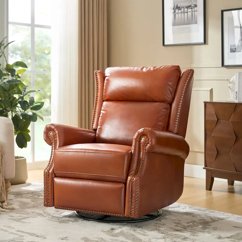 Camel / Saddle / Black / Burgundy / Espresso Waxed Genuine Leather Swivel Rocker Manual Recliner with Nailhead Trim – 1 Person