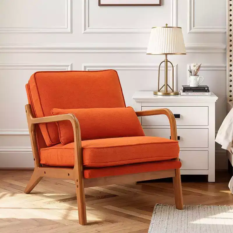 Karl Home 2Pcs Mid Century Solid Wood Accent Chair Upholstered Armchair with an Extra Pillow
