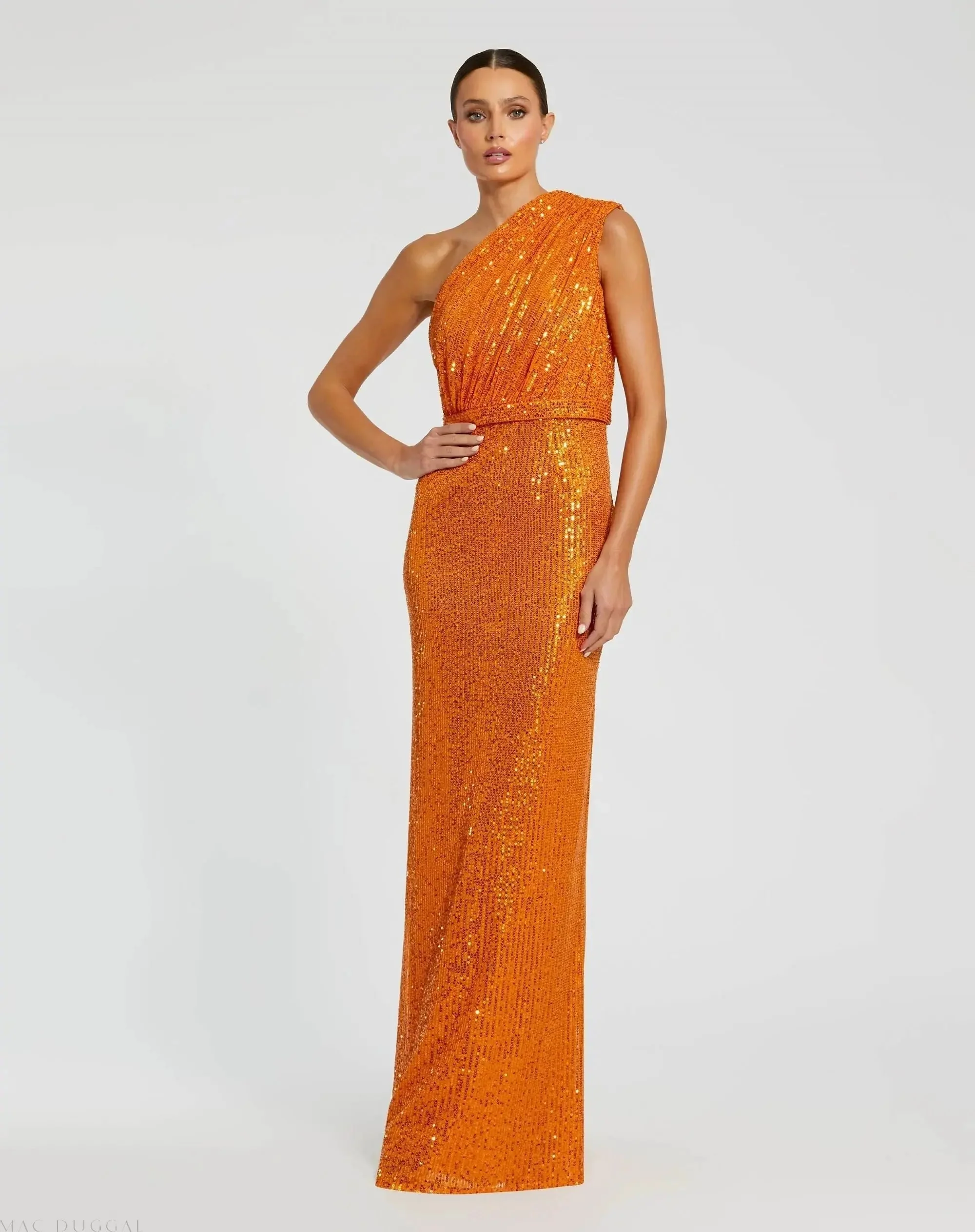 Orange Sequined Ruched One Shoulder Gown