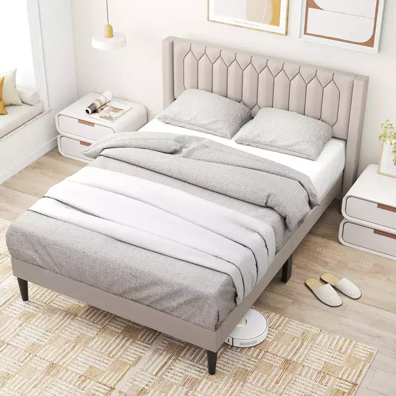 Costway Queen Size Bed Frame Dutch Velvet / Linen Fabric Upholstered Platform Bed w/Wingback Headboard