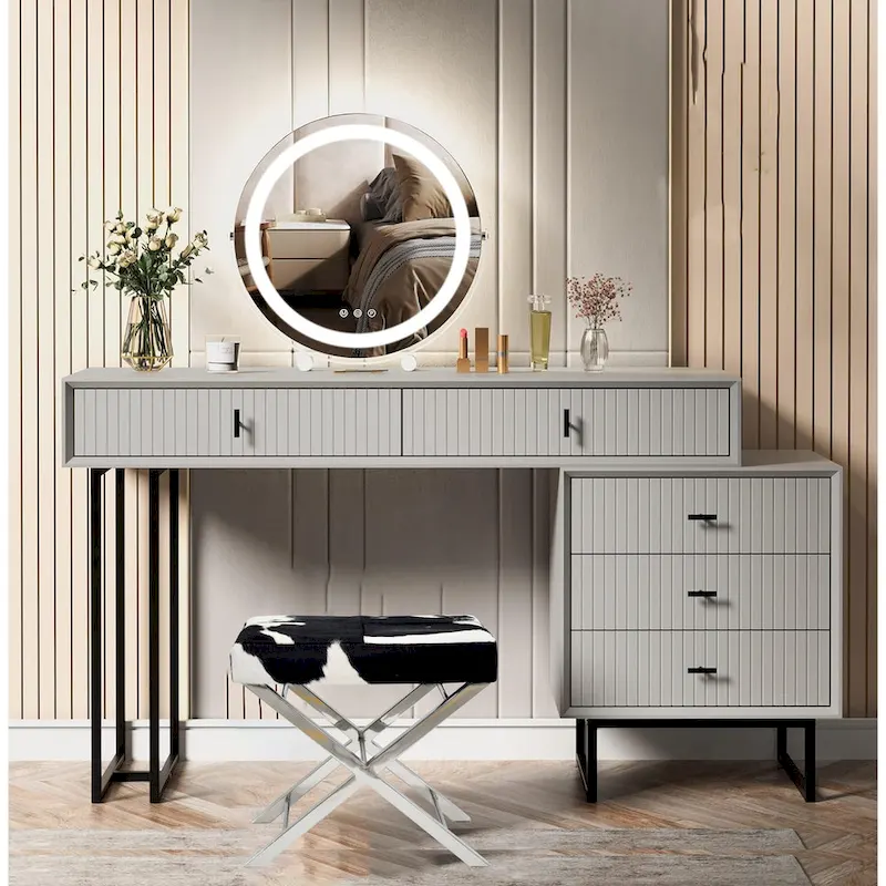 Chrome Stainless Steel Ottoman Chair with Black and White Hairline Leather