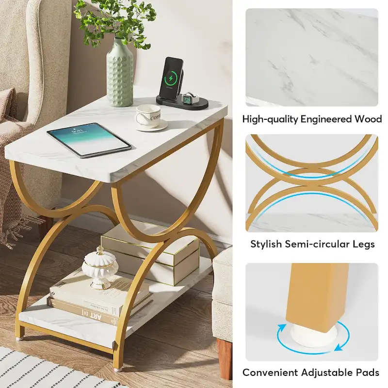 2-Tier RectangularWood Metal End Side Accent Table Nightstand