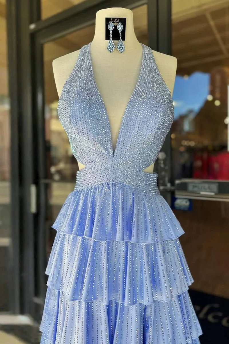 Sky Blue - A-Line V Neck Satin Beaded Long Prom Dresses With Ruffles