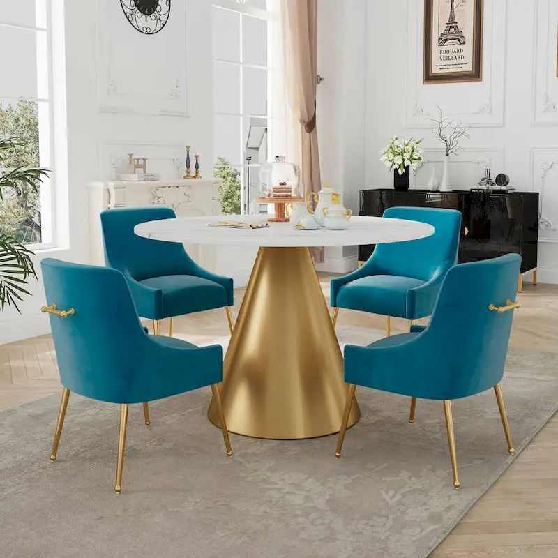 48 Marble Top Metal Dining Table with Velvet Dining Chair Set