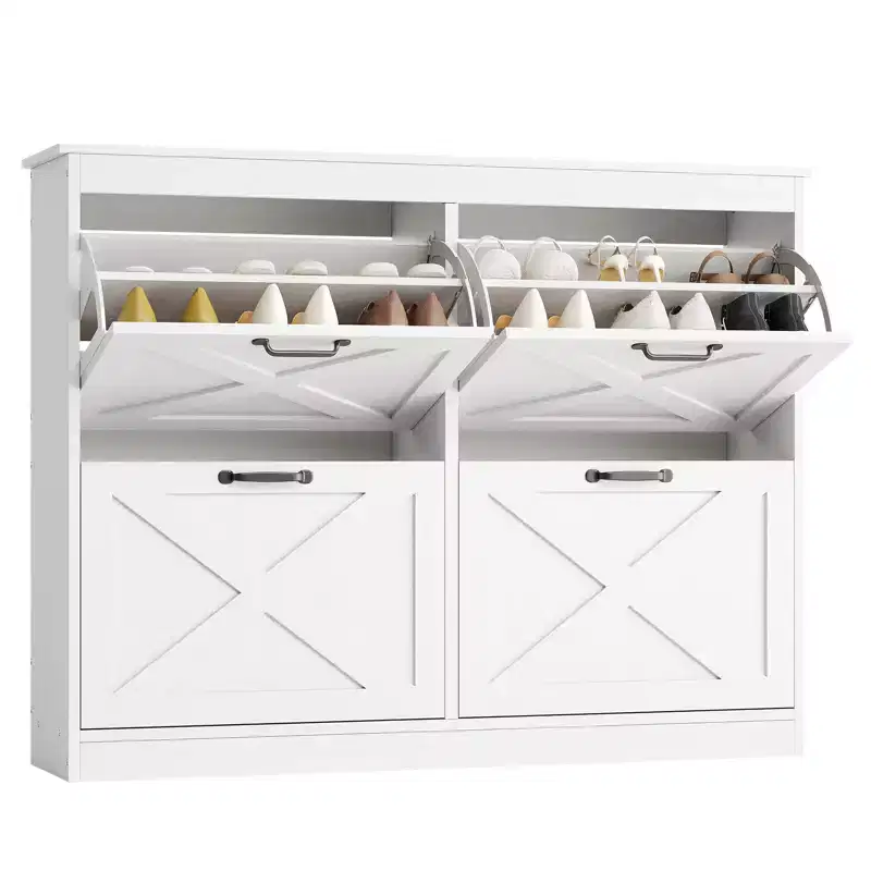 Shoe Storage Cabinet with 4 Flip Drawers, Freestanding Hidden Shoe Organizer, Wooden Shoe Rack Cabinet for Hallway Living Room Apartment