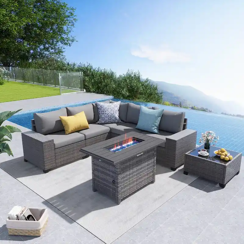 7-Piece 5 Person Patio Free Combination Wicker Conversation Set With Waterproof Cushions and Firepit Table