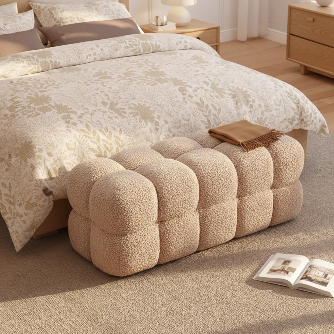 Modern Cloud-Shaped Boucle Upholstered Bedroom Bench