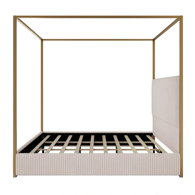 Modern Luxury Metal Canopy Bed with Tall Upholstered Headboard & Four Poster