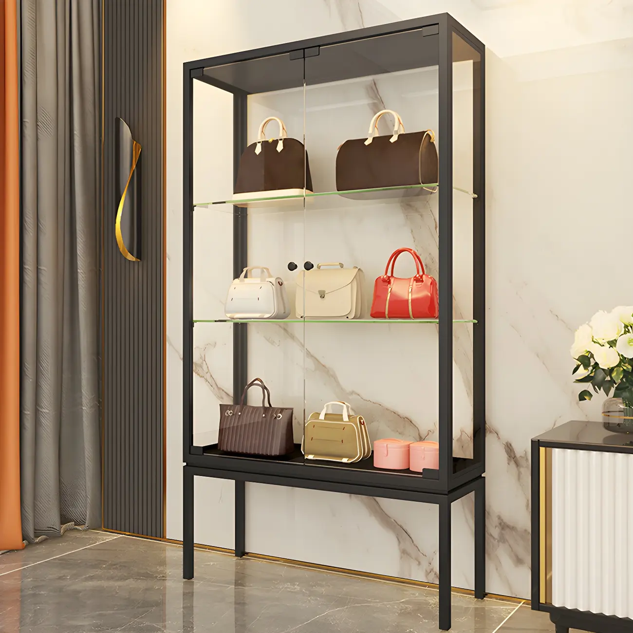 Glam Clear Glass Shelf Black Metal Frame Curio Cabinet