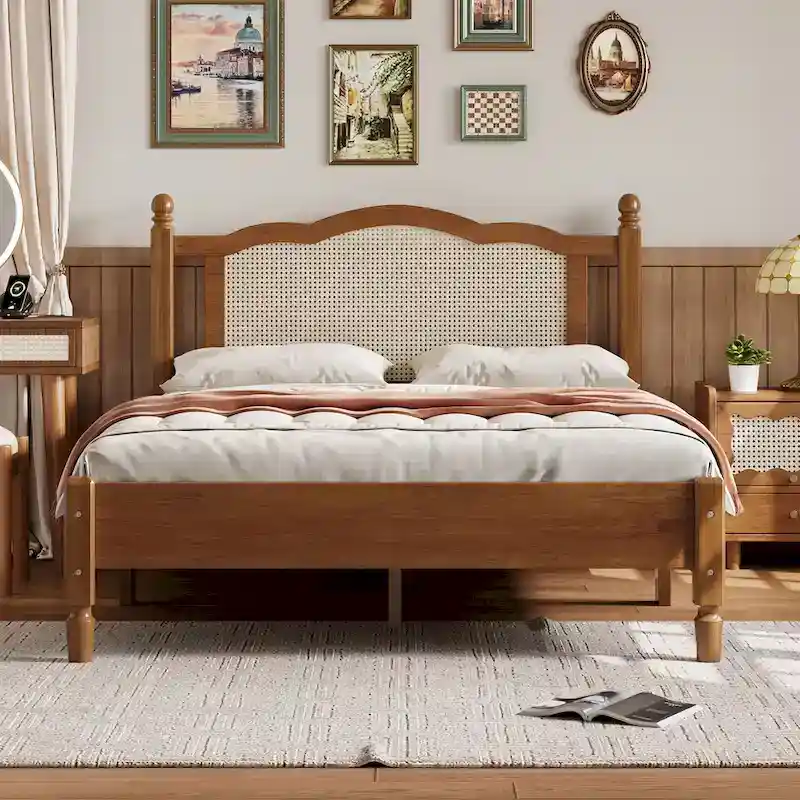 Vintage Wooden Bed with Rattan Headboard