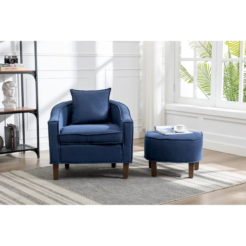 Linen/Polyester Upholstered Mid Century Barrel Chair with Ottoman