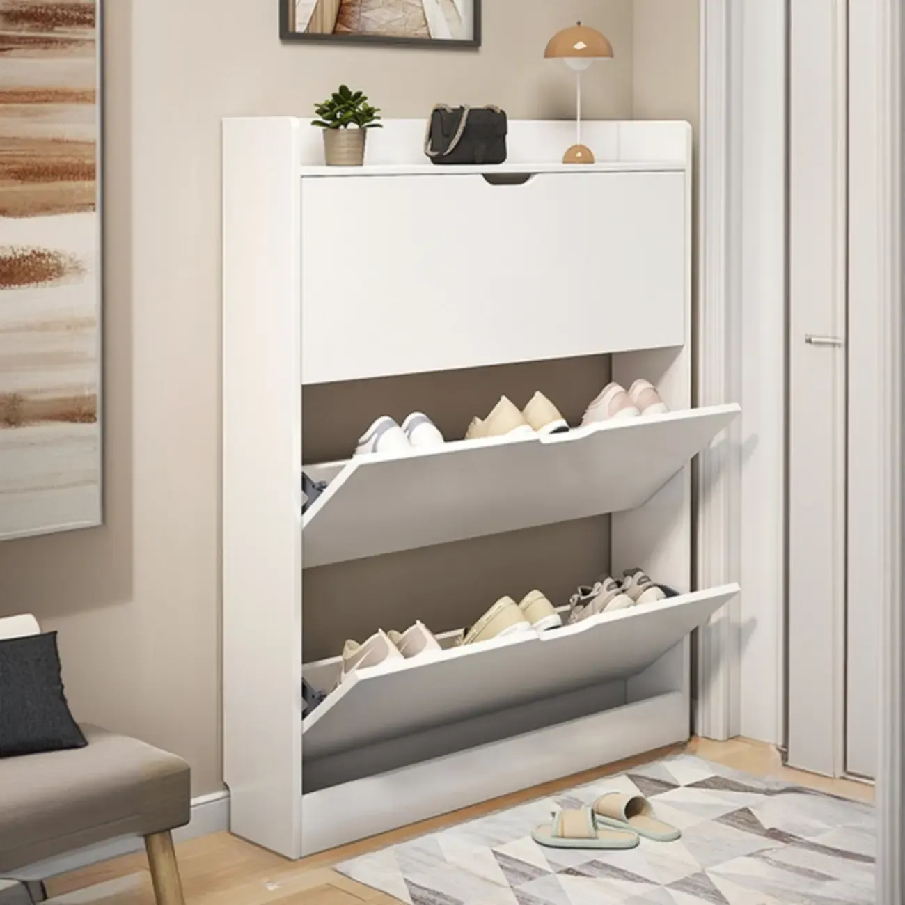 Entryway Modern Wood Shoe Cabinet with Flip-Out Drawer