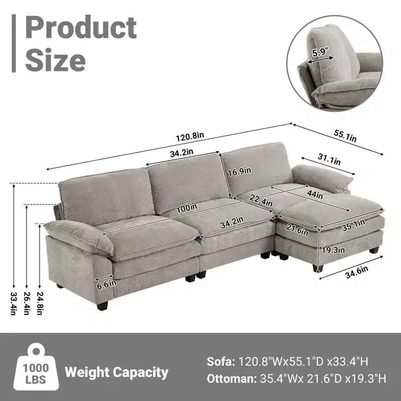 Karl Home |120 in. W Pillow Top Arm Double-layer Cushion Chenille Sofa in Brown With Ottoman