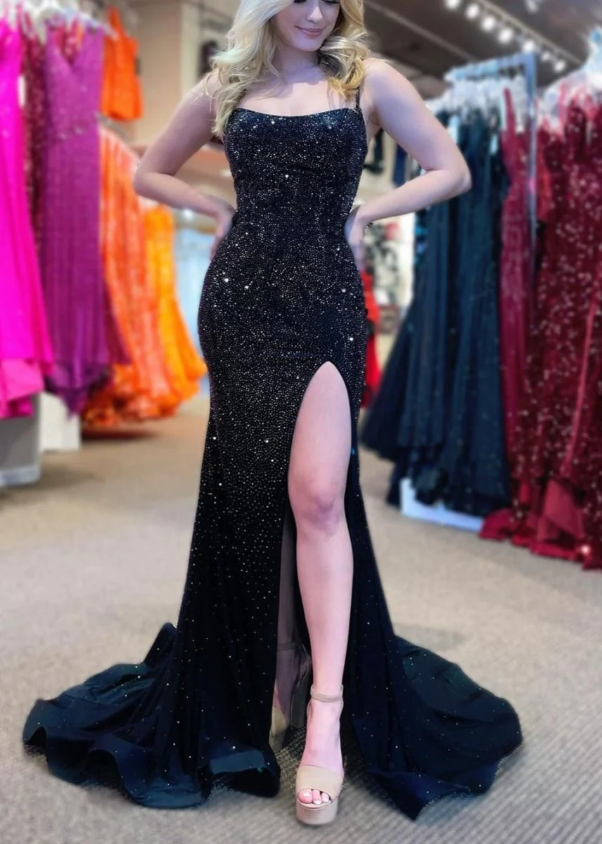 Mermaid Spaghettti Strap Beaded Satin Prom Dress with Slit