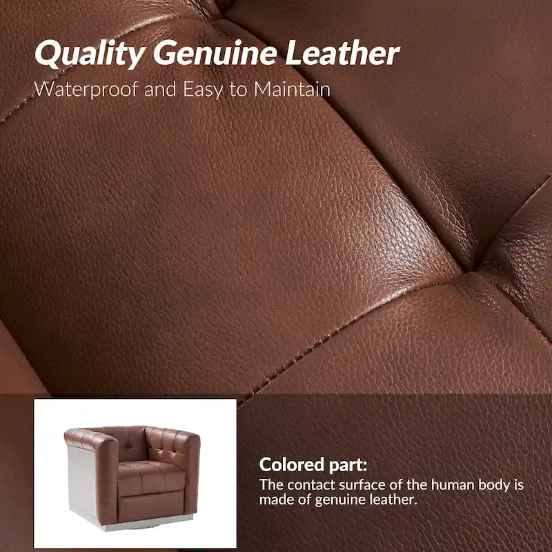 JeremiasMid-certury Modern GenuineLeatherTufted SwivelClubChair with Wooden Apron by HULALA HOME