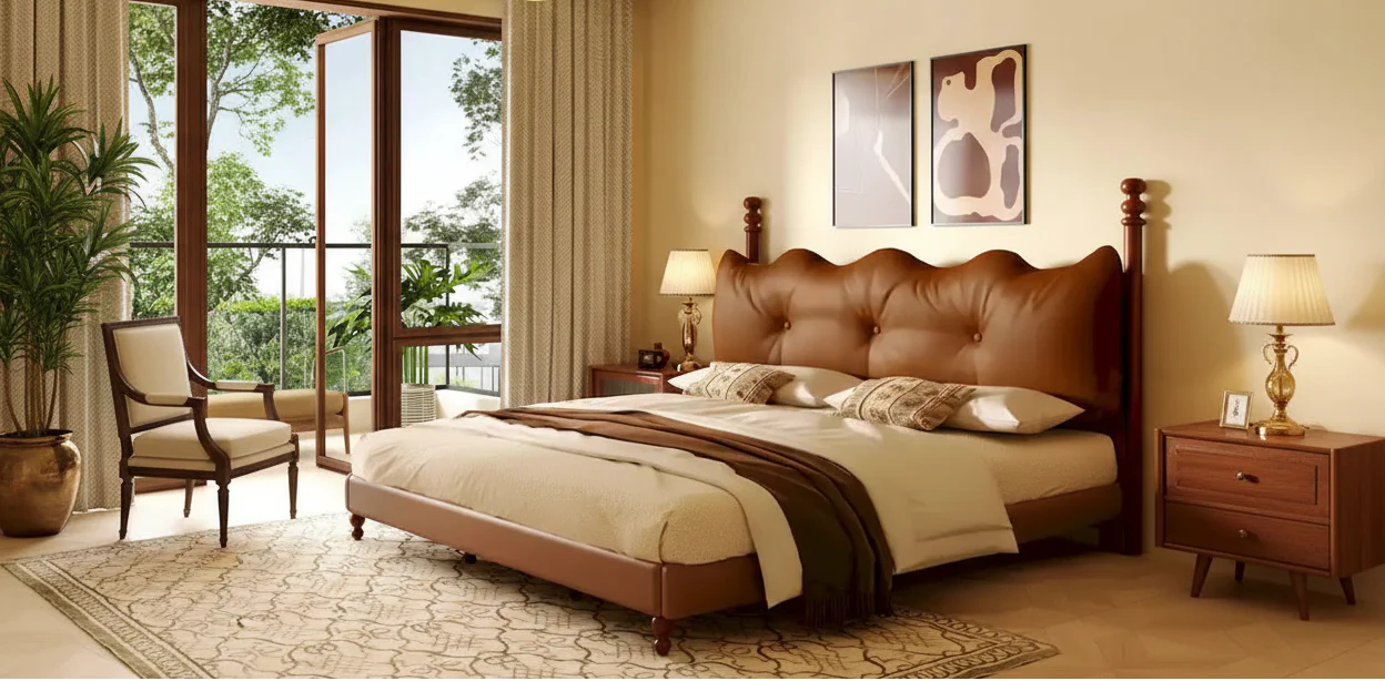 PU Leather Platform Bed with Button-Tufted Headboard & Wood Bedposts – Coffee, Queen / King / Cal King, Sleeps 2