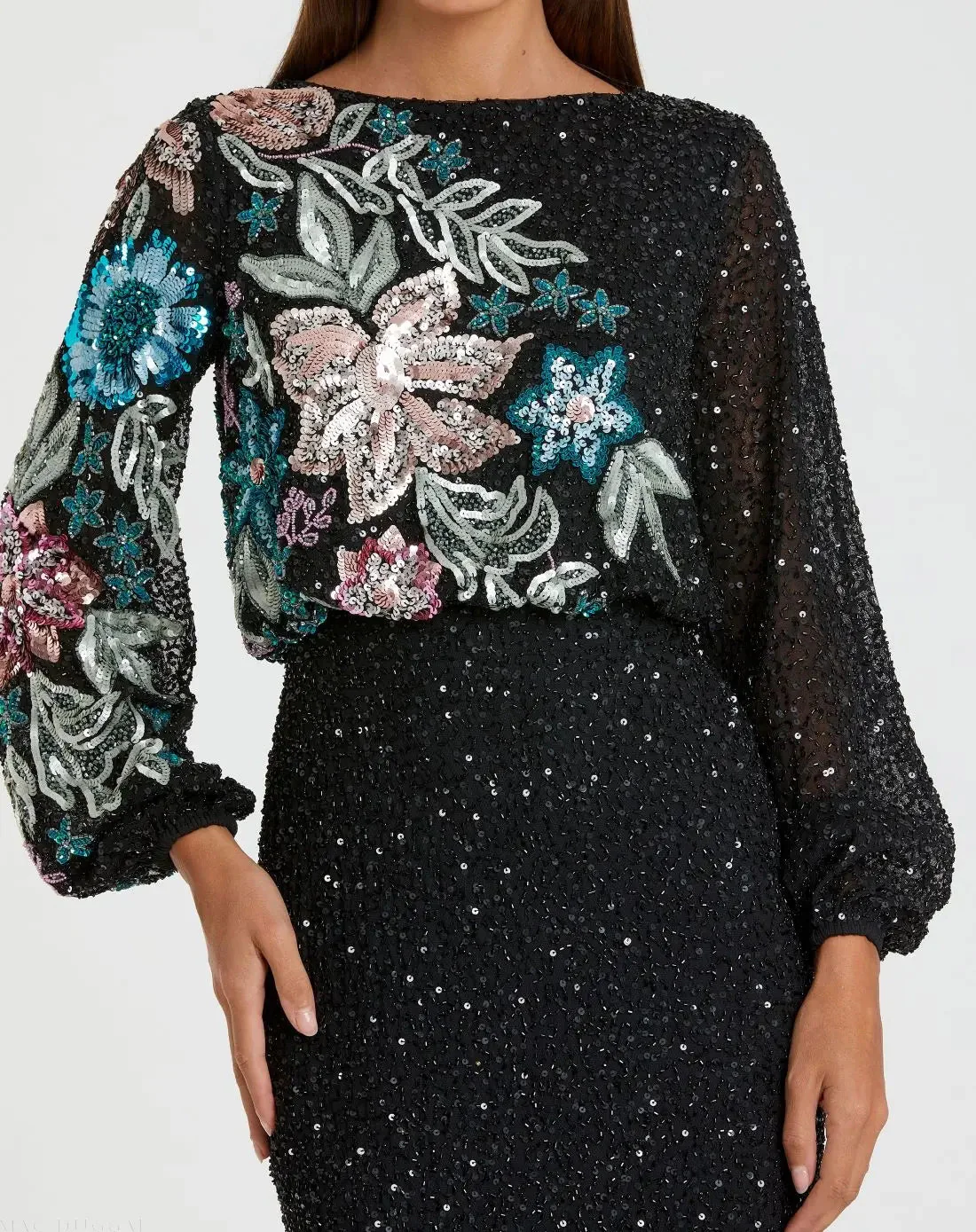 Black High Neck Long Sleeve Sequin Gown