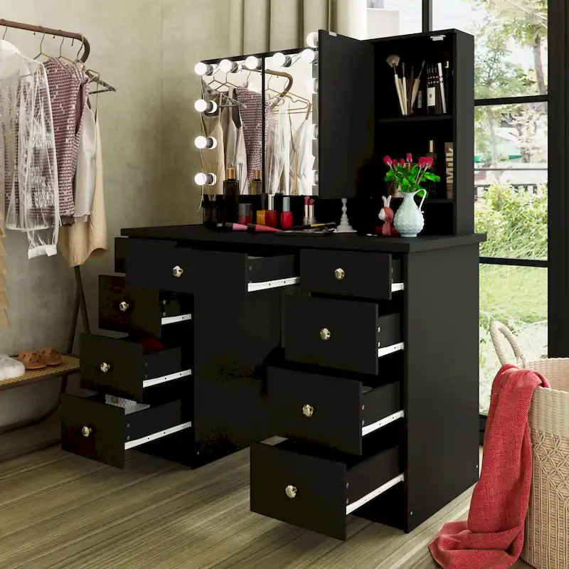 Luxurious LED Makeup Vanity with 9 Drawers Elegant Makeup Station