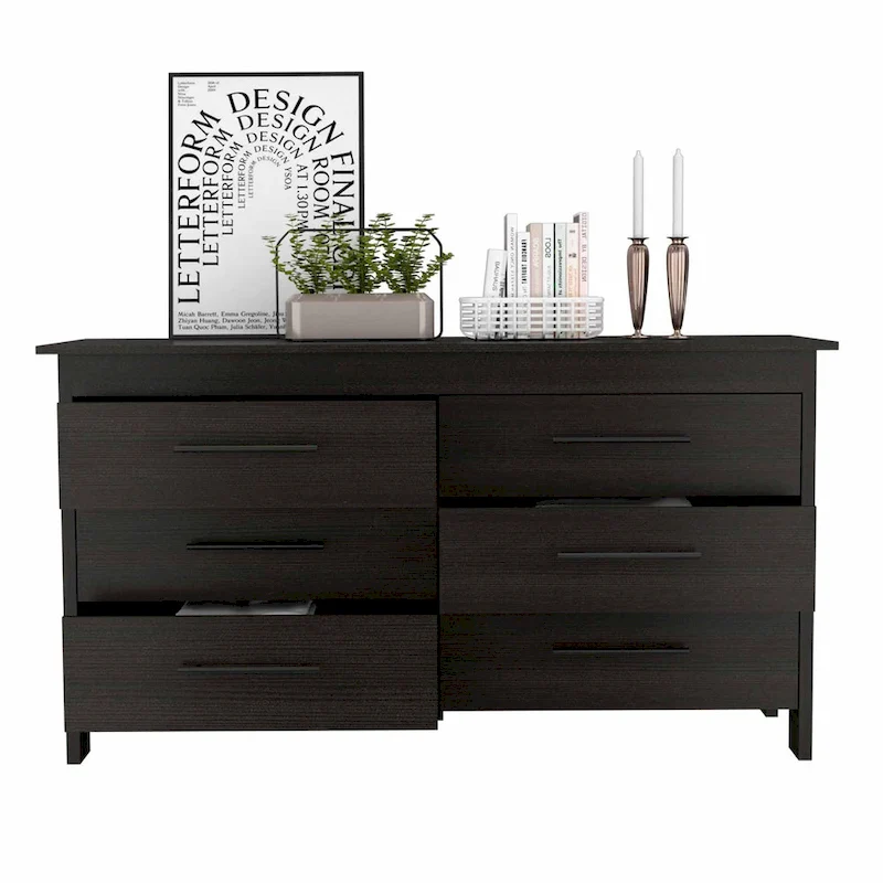 6 Drawer Double Dresser with Roller Guides, Metal Pulls and 4 Legs