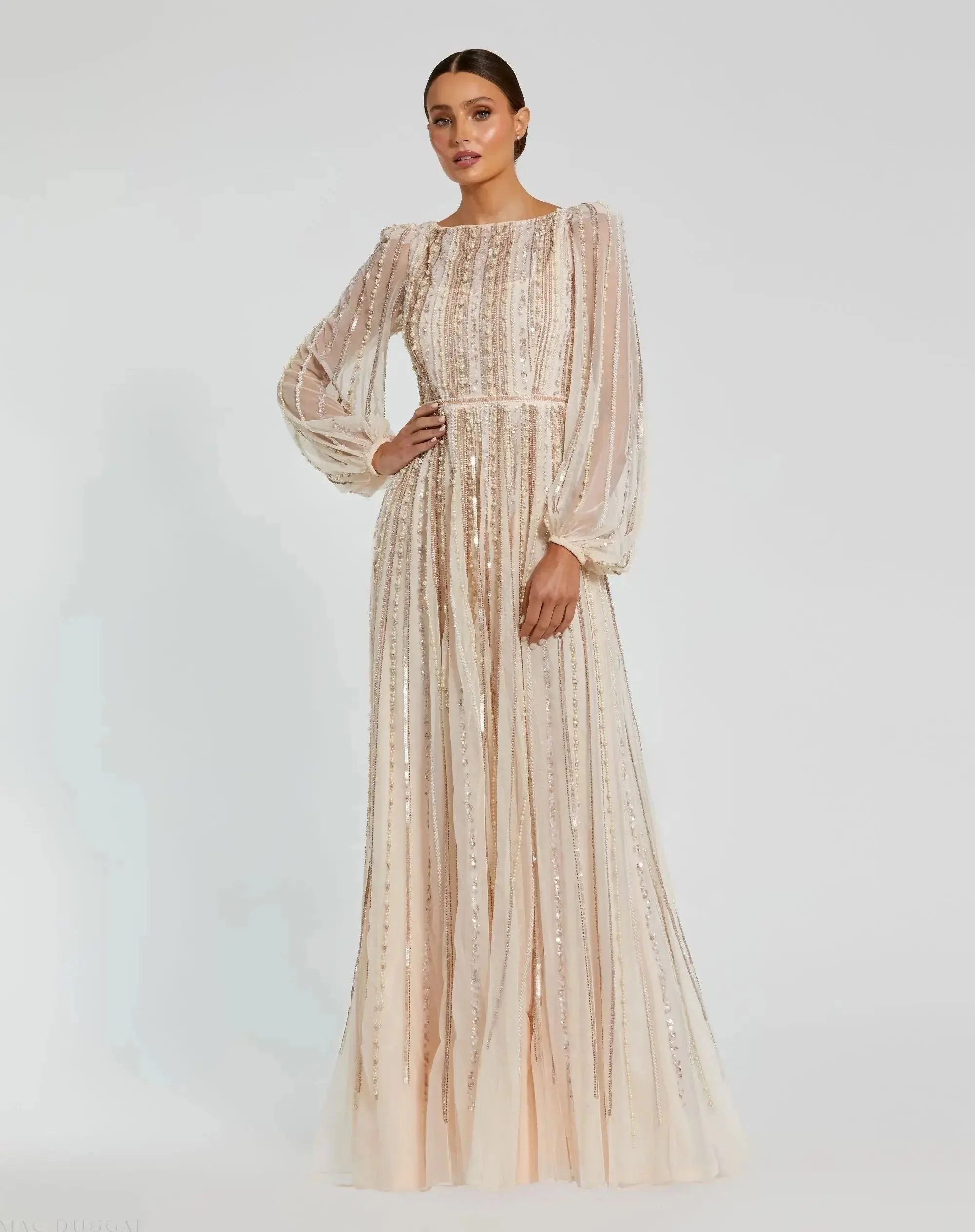 Pink Boat Neck Long Sleeve Gown With Striped Beading