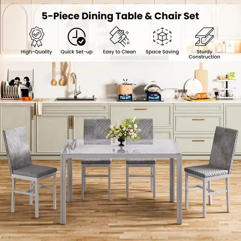 Modern Dining Room Table with Tempered Glass Tabletop and Diamond Stitching PU Leather Chairs