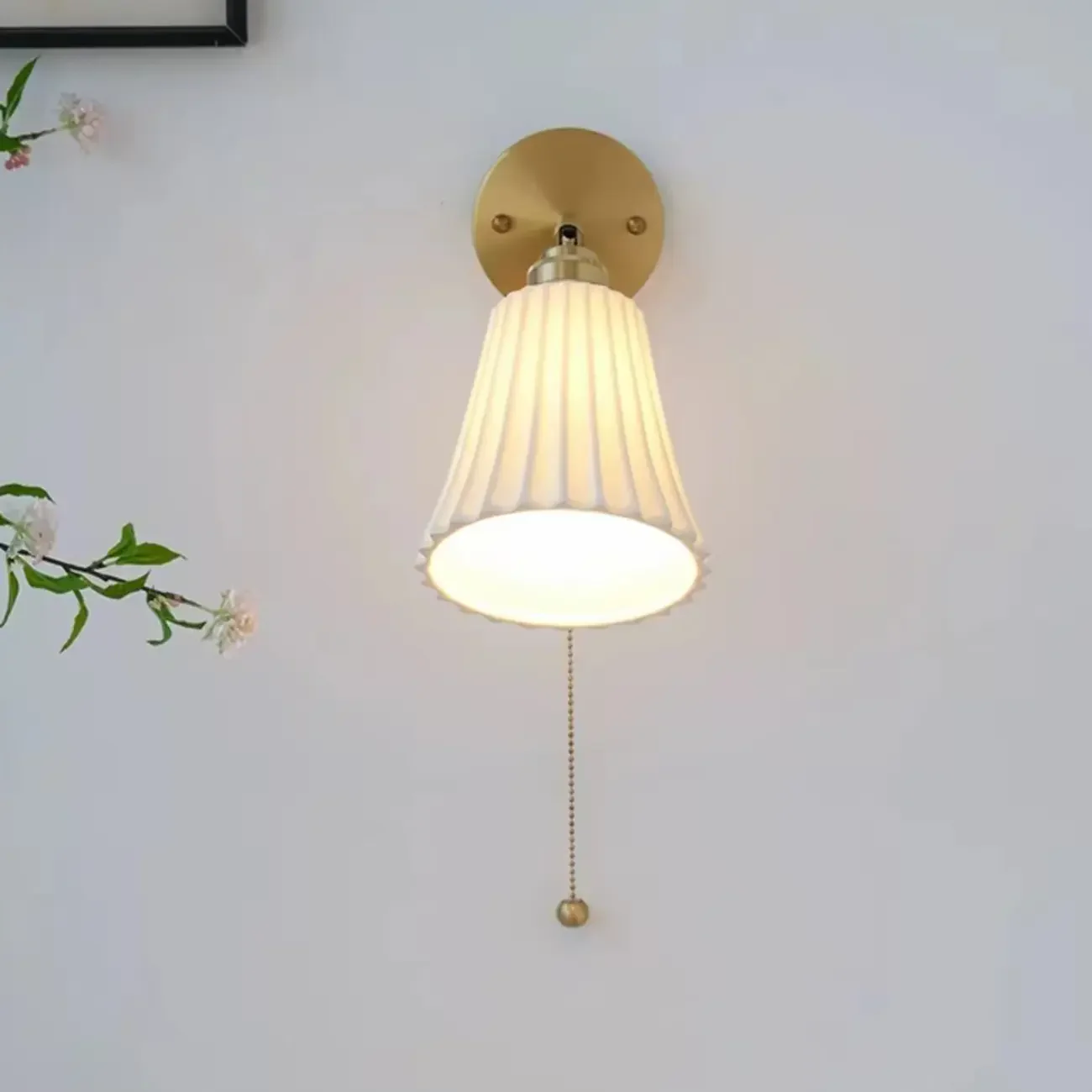 Modern White Wall Sconce with Ceramic Shade and Pull Chain