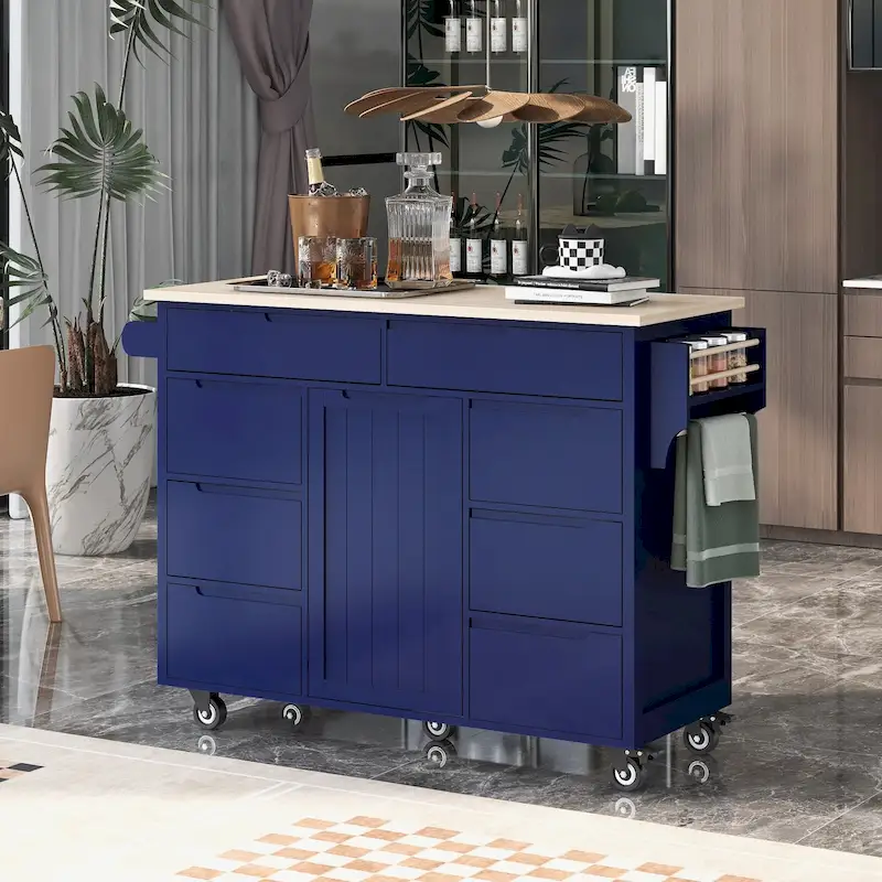Kitchen Island with Wooden Top, Mobile Island on Locking Wheels, Rolling Cart with Flatware Organizer & 8 Handle-Free Drawers