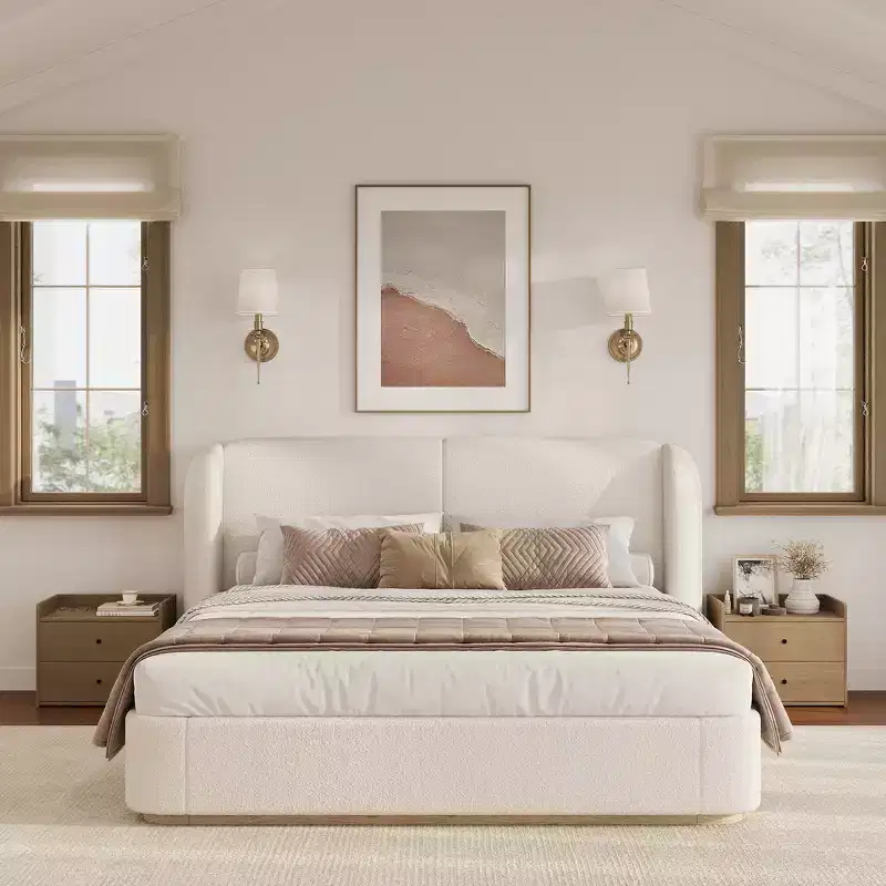 Whisen King Modern Platform Bed Frame with Double Pillow Headboard, Upholstered , Soft Boucle Fabric, Winged Side Design, Solid Wood Slats