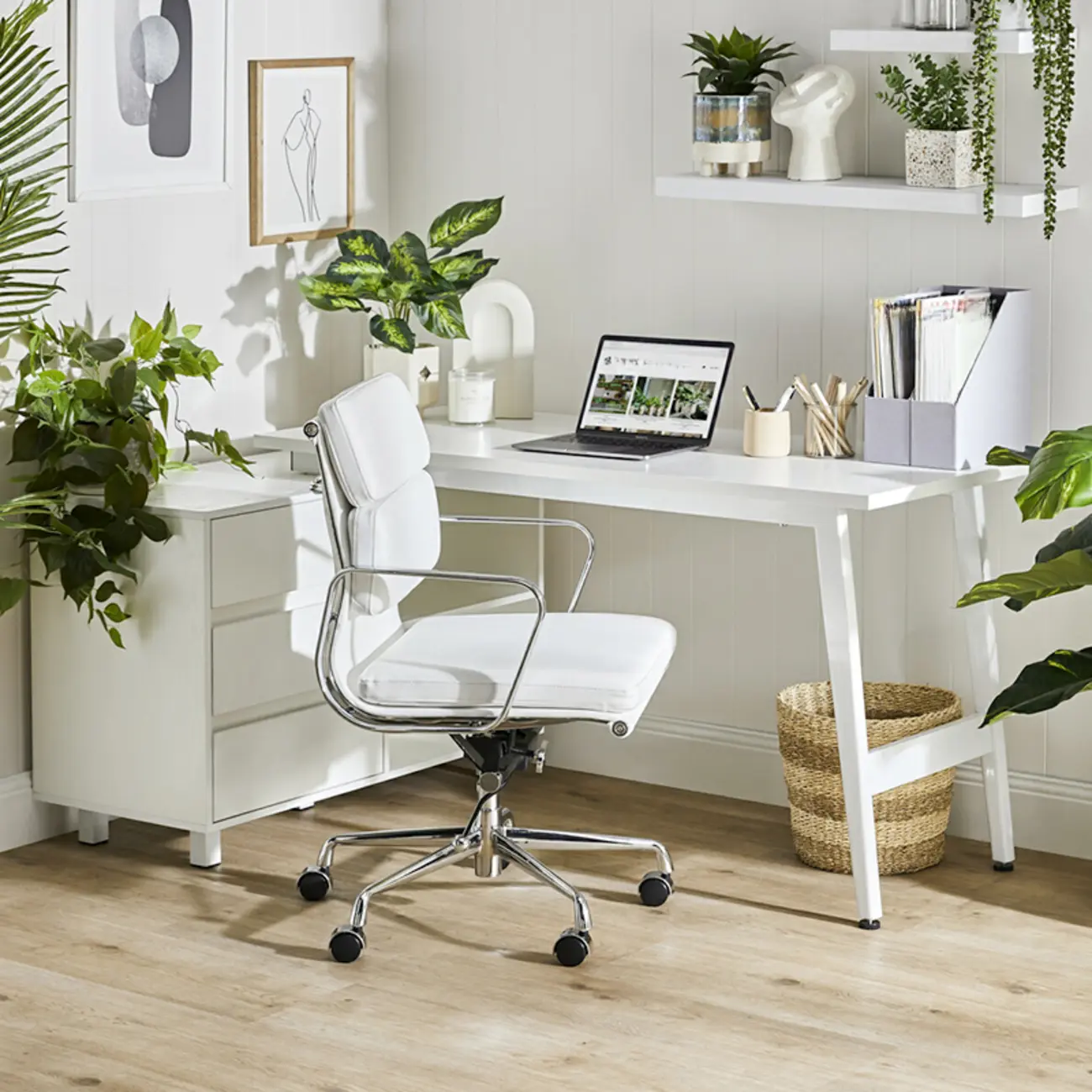 Modern Silver Metal White Leather Swivel Office Chair