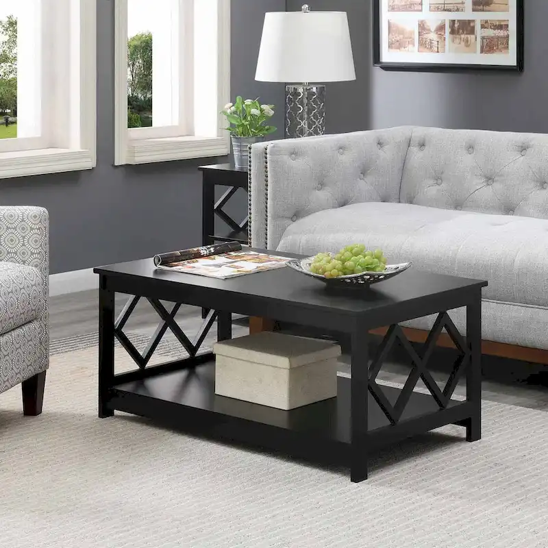 Black/White/Grey Diamond Cut-Out 2-Tier Coffee Table with Bottom Shelf